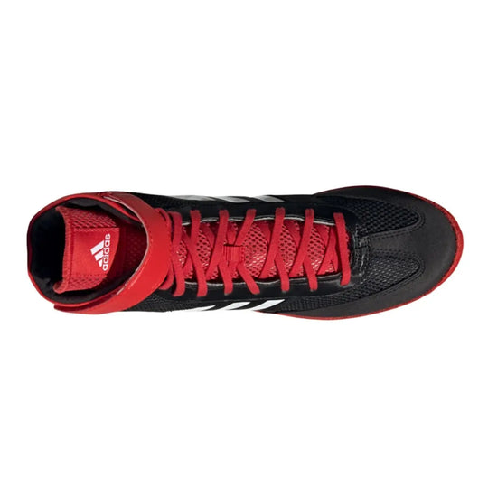 Bovenaanzicht van de Adidas Worstelschoenen Combat Speed 5 Rood met ademend mesh, stevige vetersluiting en enkelband voor extra stabiliteit tijdens worsteltraining.