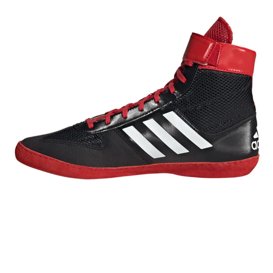 Zijaanzicht van de Adidas Worstelschoenen Combat Speed 5 Rood met lichtgewicht ontwerp, ademend mesh en stevige enkelband voor optimale stabiliteit tijdens worsteltraining.
