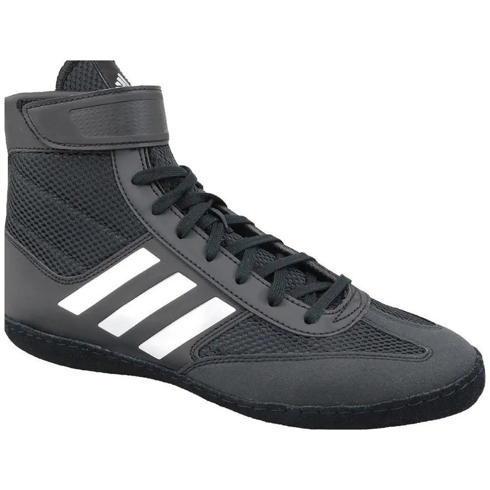 Adidas Combat Speed 5 boksschoen in zwart met witte strepen en hoge vetersluiting