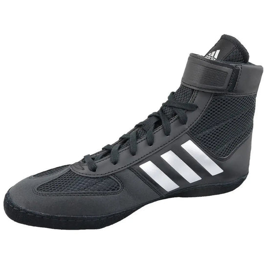 Adidas Combat Speed 5 boksschoen in zwart met witte strepen en enkelstrap.