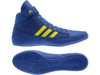 Adidas worstelschoenen in blauw met gele strepen, zij- en onderaanzicht van de zool