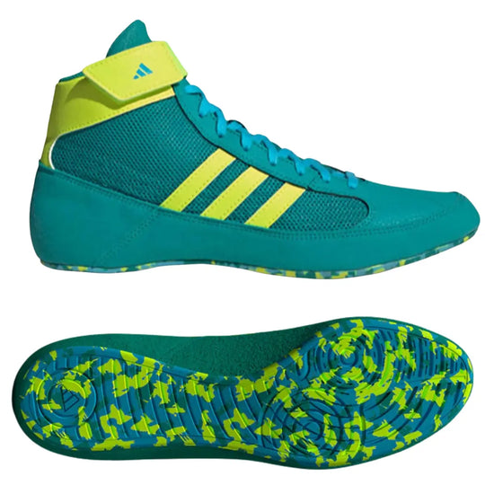 Afbeelding van de Adidas Worstelschoenen Havoc Groen met zowel het zijaanzicht als de onderzijde in beeld. Dit toont duidelijk het profiel van de zool en het ademende bovenwerk. Een complete weergave van functionaliteit en design.