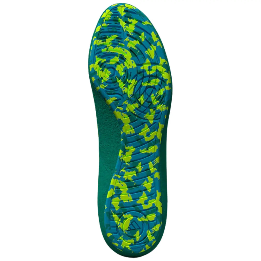 Onderkant van de Adidas Worstelschoenen Havoc Groen met een opvallend camo-achtig zoolpatroon. De flexibele rubberen zool zorgt voor uitstekende grip op de worstelmat. Ideaal voor draaibewegingen en explosieve acties.