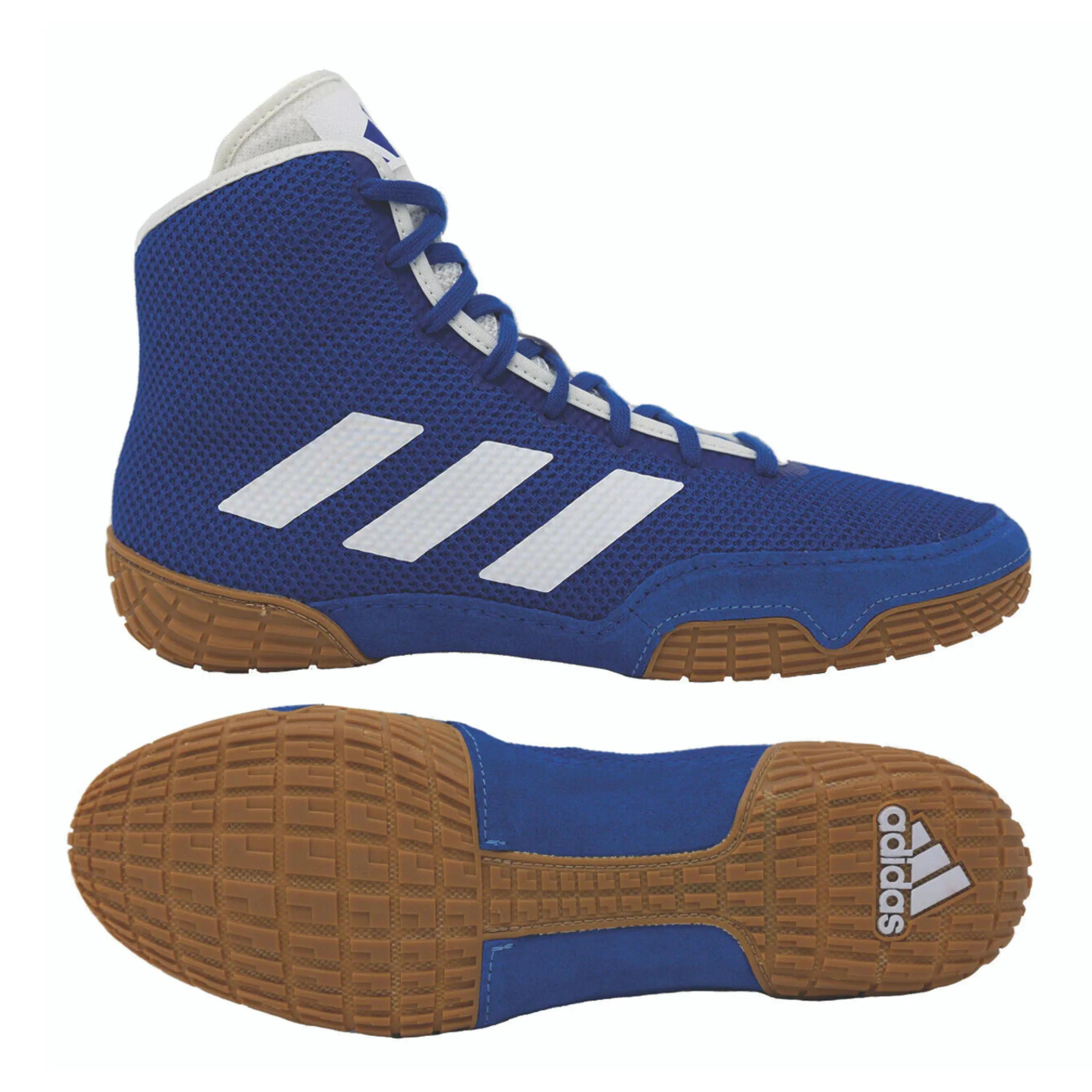 Adidas worstelschoenen in blauw met witte strepen en bruine zool, bovenaanzicht en onderaanzicht weergegeven.