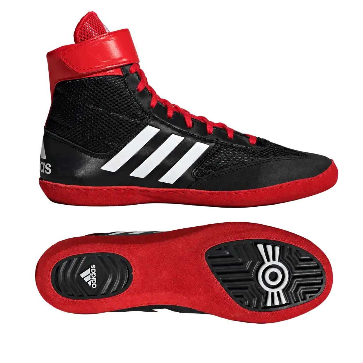 Zwart-rode Adidas worstelschoenen met hoge enkelsteun, rode veters en witte Adidas strepen aan de zijkant. De gripzool en lichte pasvorm maken de schoenen geschikt voor worstelen, grappling en intensieve trainingen op de mat.