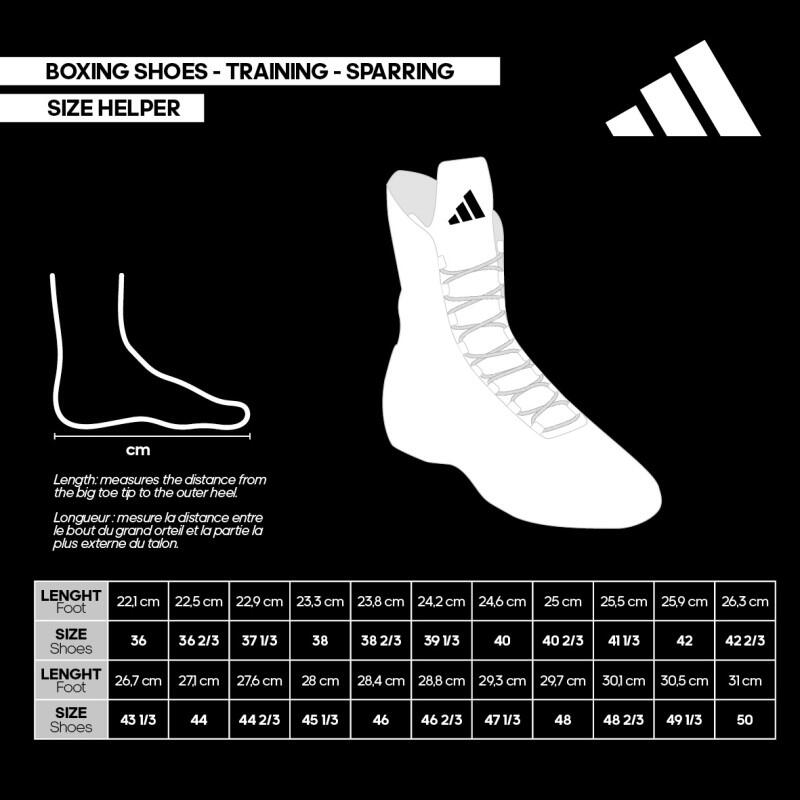 Adidas size helper voor boksschoenen met meetinstructie voor de voetlengte in centimeters. De afbeelding toont een maattabel met voetlengtes van 22,1 tot 31 cm en bijbehorende schoenmaten van 36 tot 50.