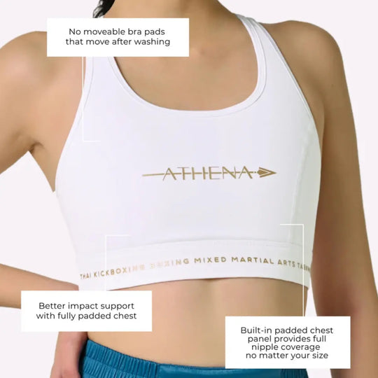 De afbeelding toont een close-up van de witte sport-BH van Athena Fightwear, met tekstballonnen die eigenschappen benadrukken zoals niet-verplaatsbare pads, volledige borstpadding en volledige bedekking ongeacht maat.