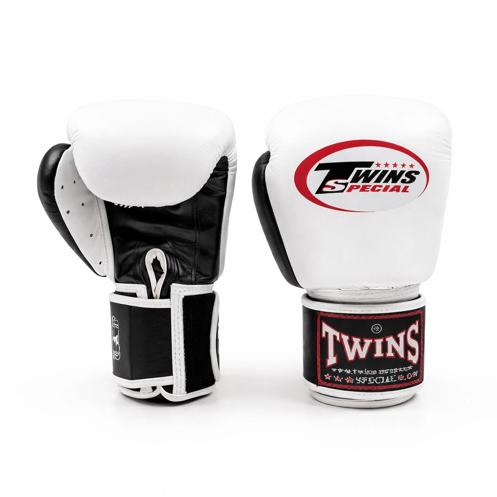 Twins bokshandschoenen wit zwart van premium leer voor boksen en kickboksen