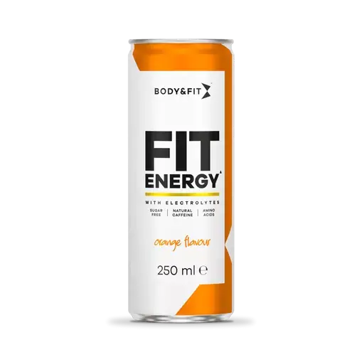 Blikje Body&Fit Fit Energy Orange flavour 250 ml met elektrolyten en cafeïne, suiker- en caloriearm