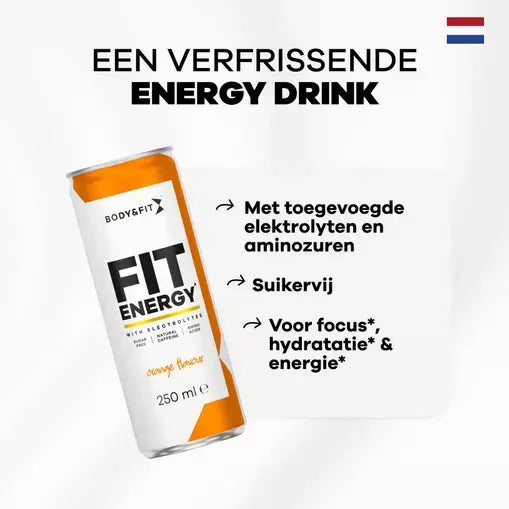 Body&Fit Fit Energy Orange flavour 250 ml blik met voordelen: elektrolyten en aminozuren, suikervrij, ondersteunt focus, hydratatie en energie.