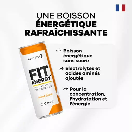 Body&Fit Fit Energy Orange flavour 250 ml blik, Franse versie: boisson énergétique sans sucre, avec électrolytes et acides aminés, pour concentration, hydratation et énergie.