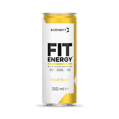 Blikje Body & Fit Fit Energy Drink met tropische smaak, 250 ml, suikervrij met elektrolyten en natuurlijke cafeïne.