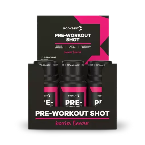 Displaydoos met 12 servings Body & Fit Pre-Workout Shot met bessen smaak, met 200 mg cafeïne en Beta-Alanine.
