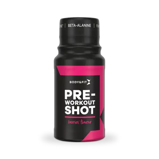 Zwart met roze flesje Body & Fit Pre-Workout Shot met bessen smaak en Beta-Alanine.