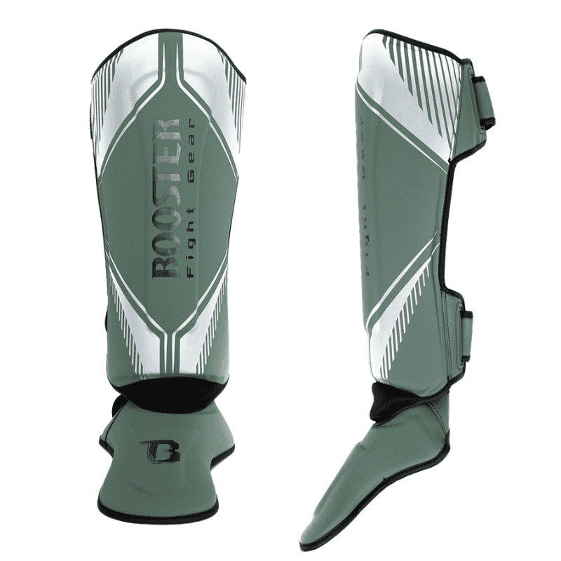 Voor- en zijaanzicht van een groene Booster scheenbeschermer uit de Bangkok Series, met een gestroomlijnd ontwerp en witte grafische details langs de randen.
