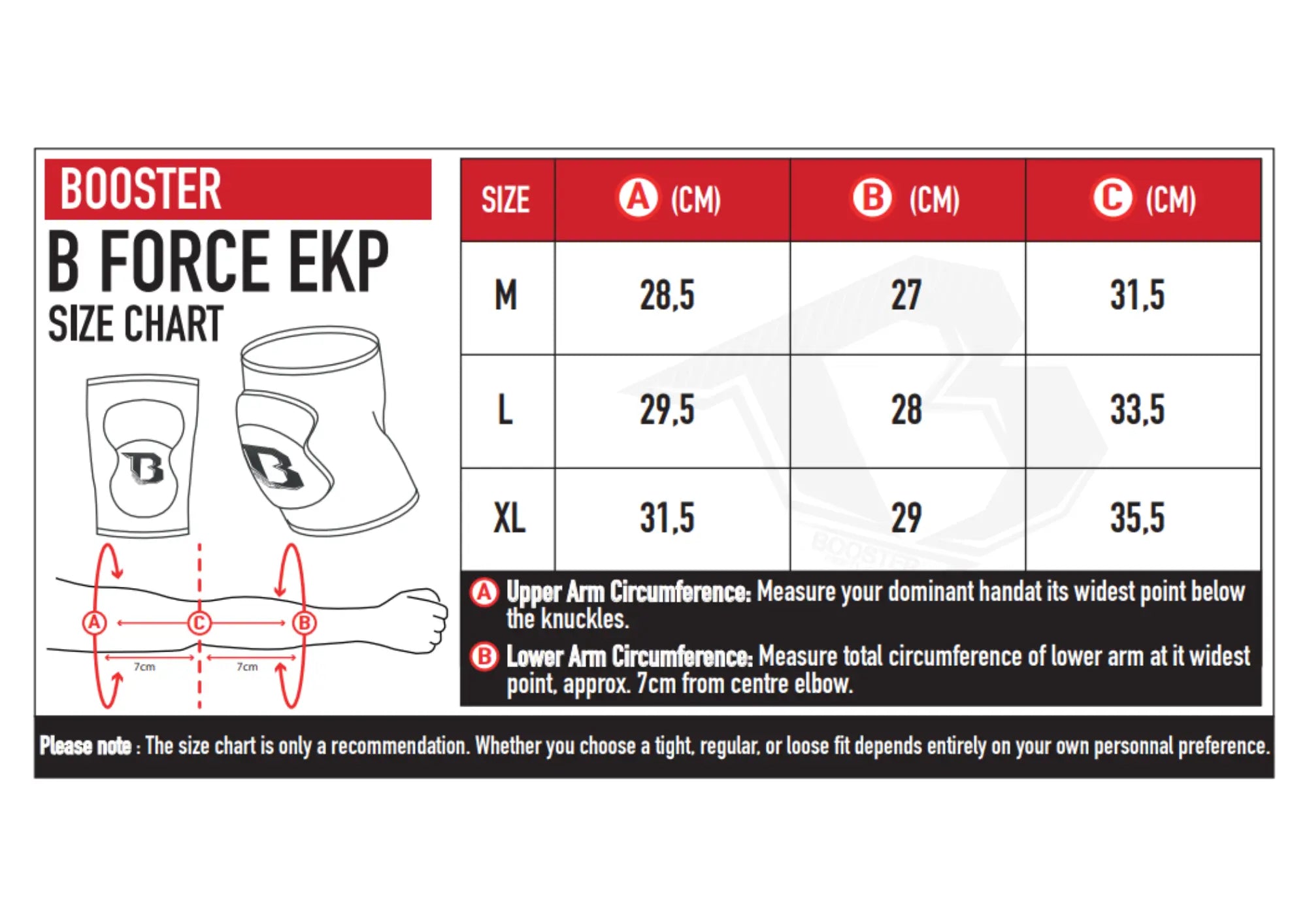 Booster B-Force EKP elleboogbeschermers maattabel met maten M, L en XL.