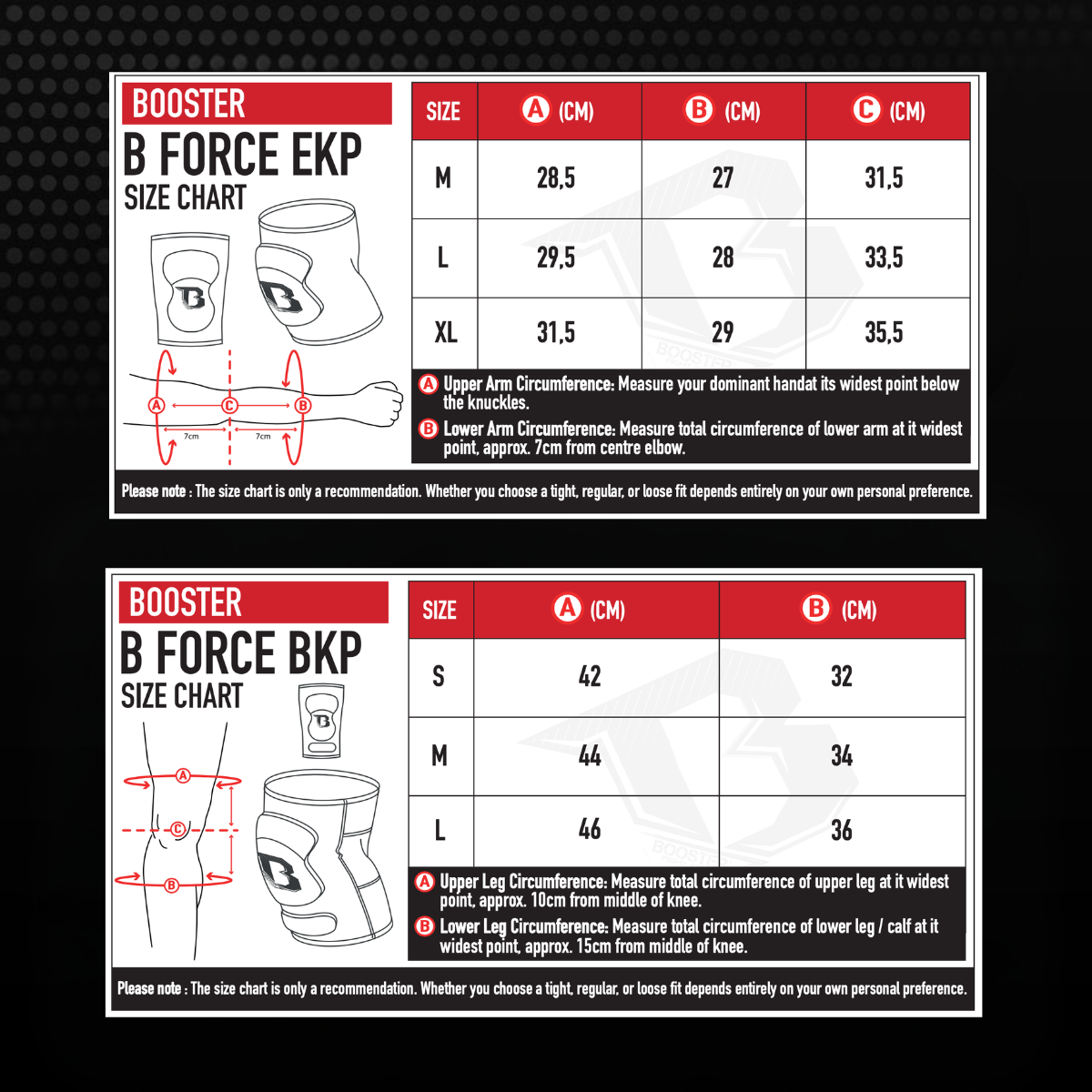 Booster maattabel voor B Force EKP elleboogbeschermers en B Force BKP kniebeschermers met meetillustraties. De afbeelding toont aanbevolen maten op basis van armomtrek en beenomtrek in centimeters.