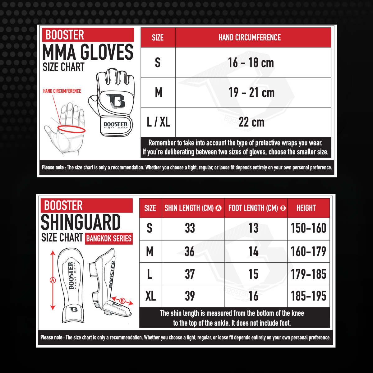 Booster maattabel voor MMA handschoenen en Bangkok Series scheenbeschermers met productillustraties. De afbeelding toont aanbevolen handschoenmaat op basis van handomtrek en scheenbeschermermaat op basis van scheenlengte, voetlengte en lichaamslengte.