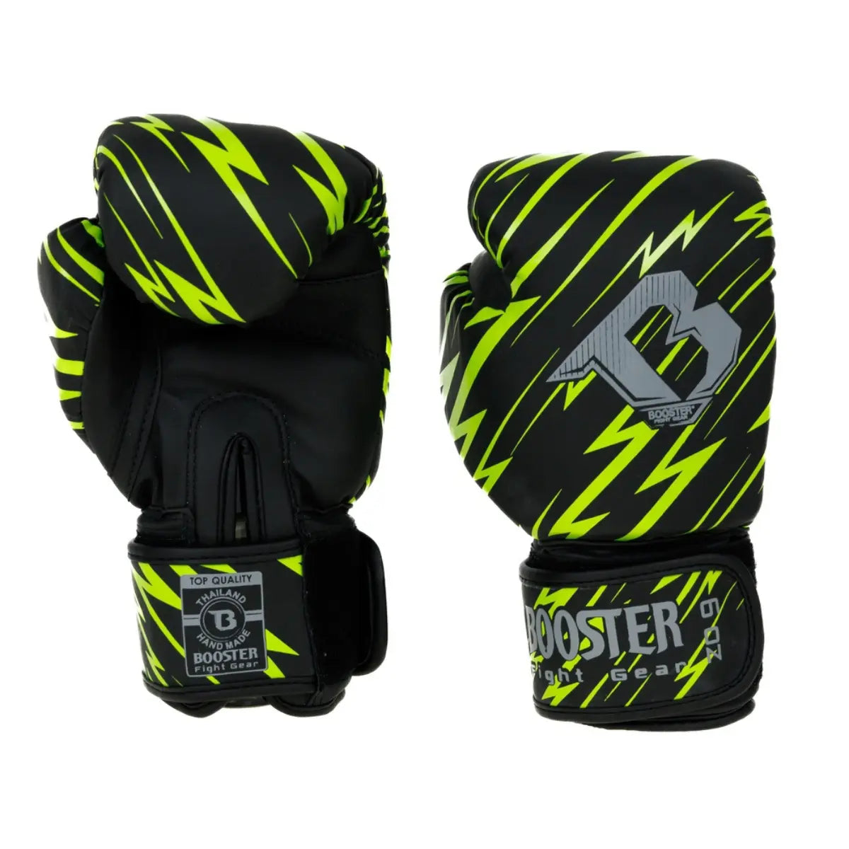 Booster bokshandschoenen zwart met neon-groene bliksemprint, setfoto met handpalm- en bovenzijde, klittenbandsluiting en grijs B-logo.