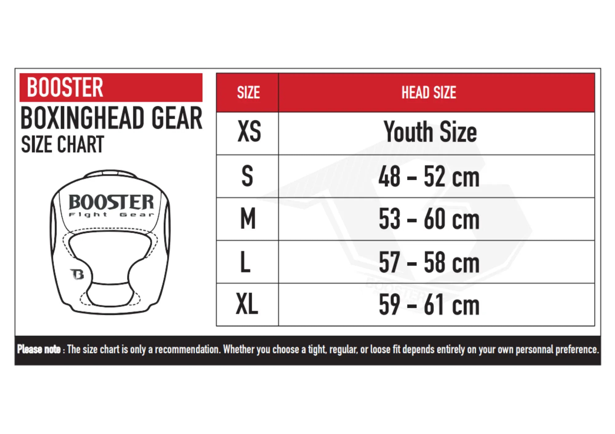 Booster hoofdbeschermer maattabel met maten XS tot XL.