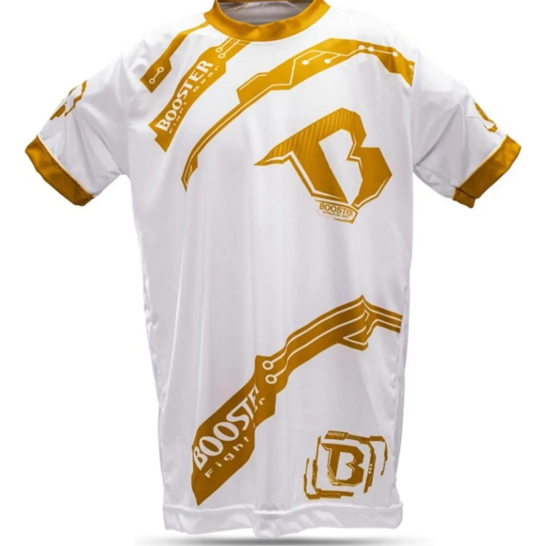 Wit Booster Fight Gear T-shirt met gouden logo’s en patronen, korte mouwen en gouden afwerking aan de randen