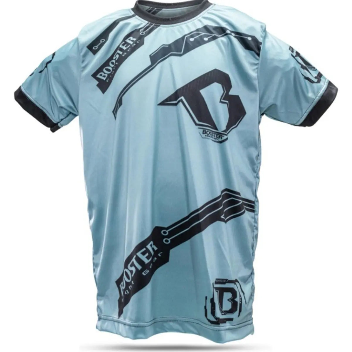 Vooraanzicht van lichtblauw Booster Fight Gear T-shirt met grafische prints en logo op de borst.