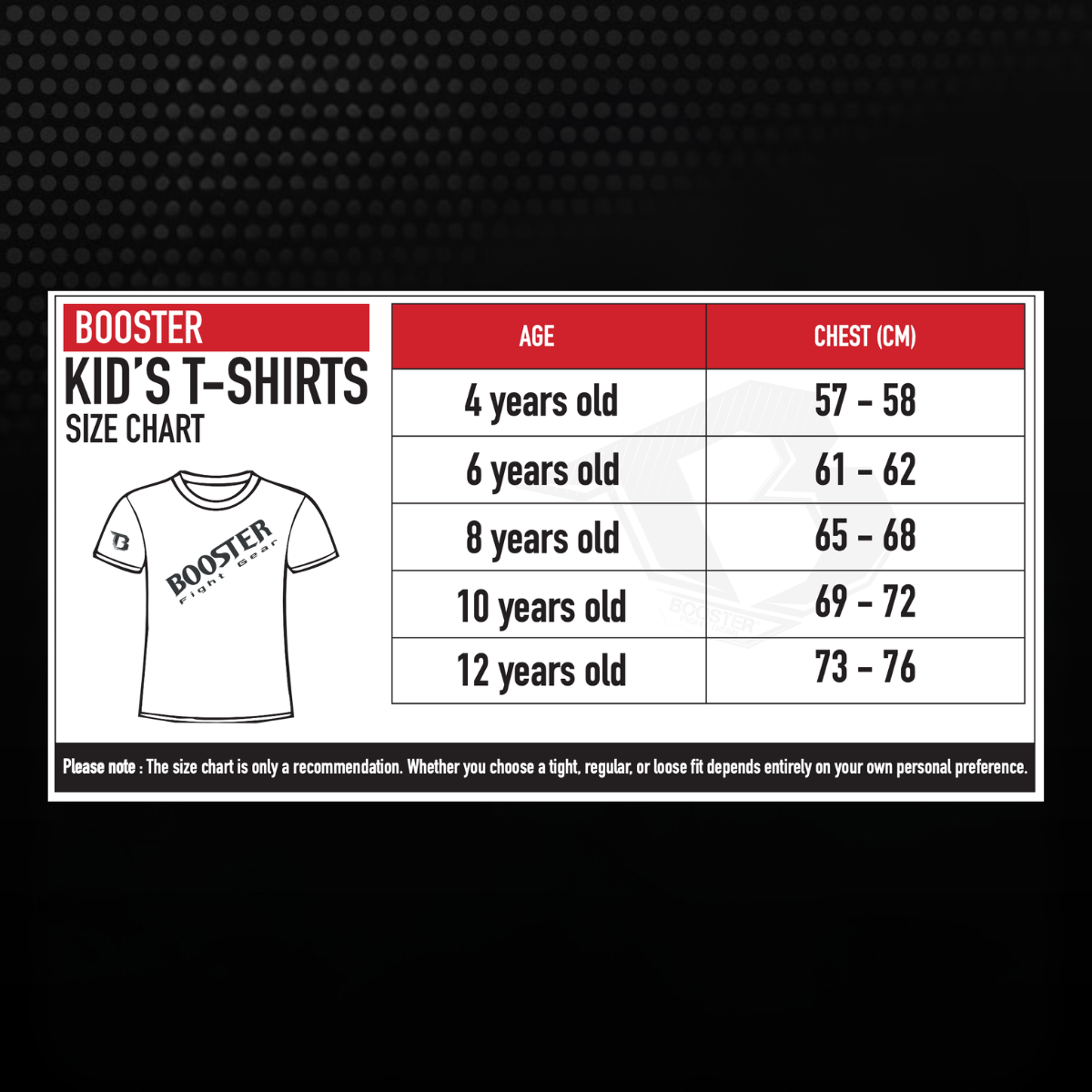 Maattabel van Booster voor kinder T-shirts met aanbevolen borstomvang per leeftijd. De tabel toont maten voor kinderen van 4 tot 12 jaar, met borstomvang van 57 tot 76 cm.