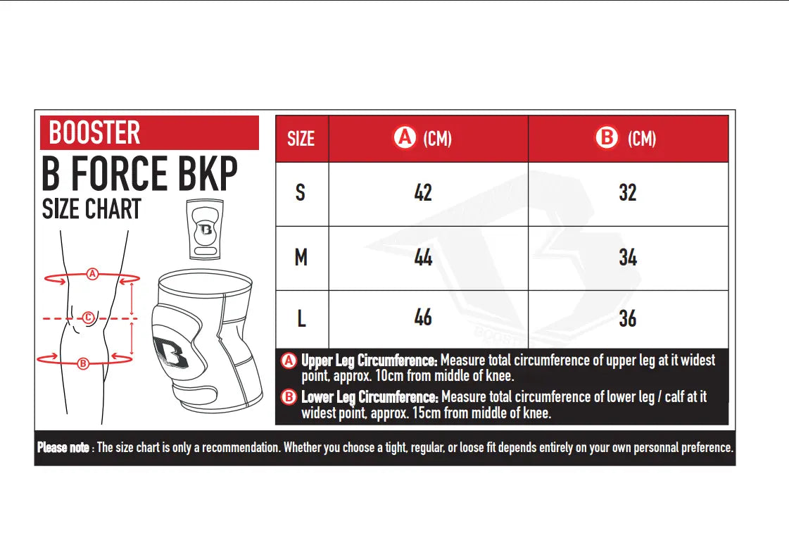 Image of the Booster B Force BKP size chart showing sizes S, M and L with upper and lower leg circumference measurements in centimeters, plus an illustration indicating where to measure for the correct fit.