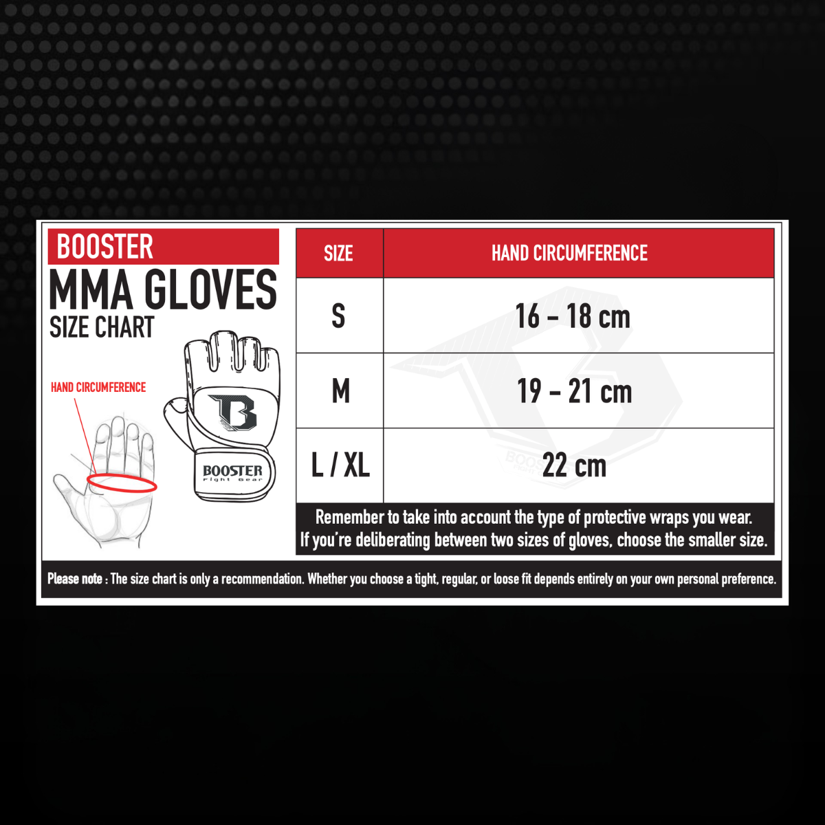 Maattabel van Booster voor MMA handschoenen met de aanbevolen maat op basis van handomtrek. De tabel toont maat S voor 16-18 cm, maat M voor 19-21 cm en maat L/XL voor 22 cm.