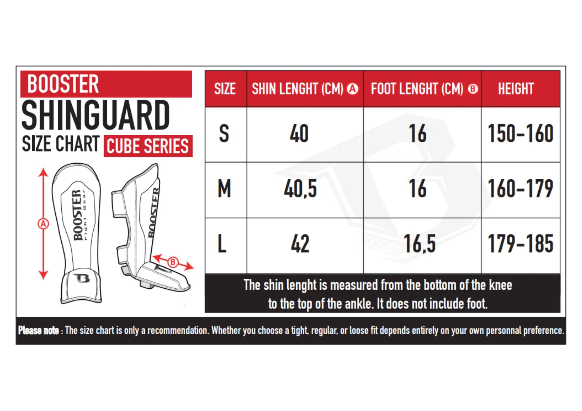 Booster Cube Series scheenbeschermer maattabel met maten S, M en L