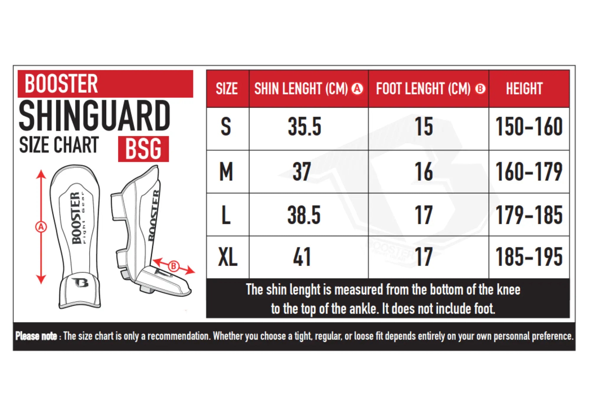 Booster BSG scheenbeschermer maattabel met maten S tot XL.