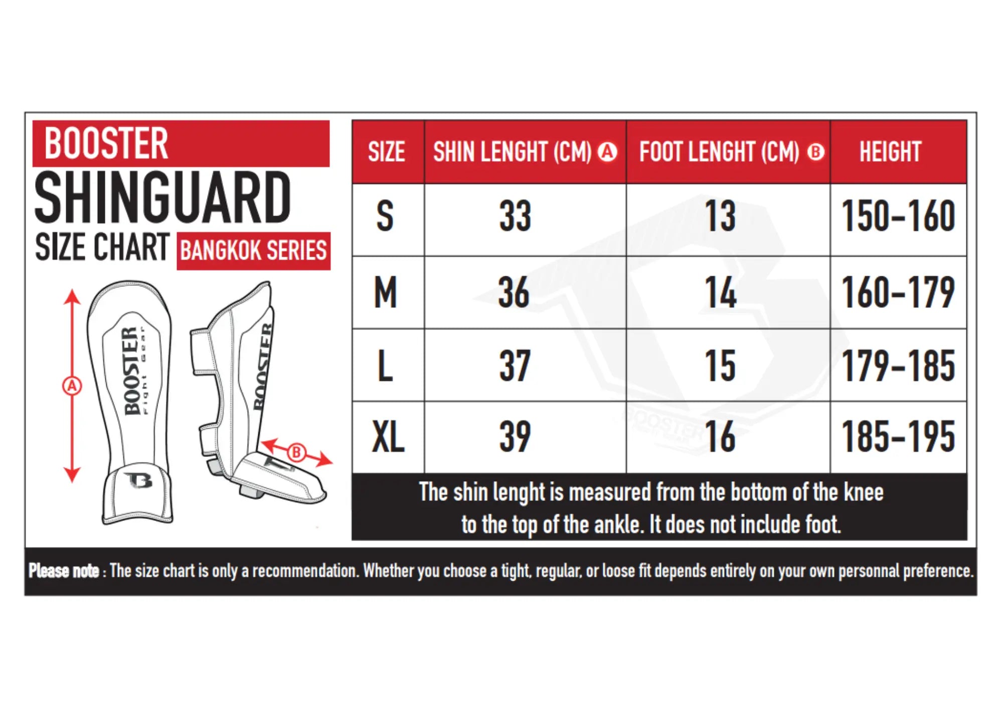 Booster Bangkok Series scheenbeschermers maattabel met maten S tot XL.