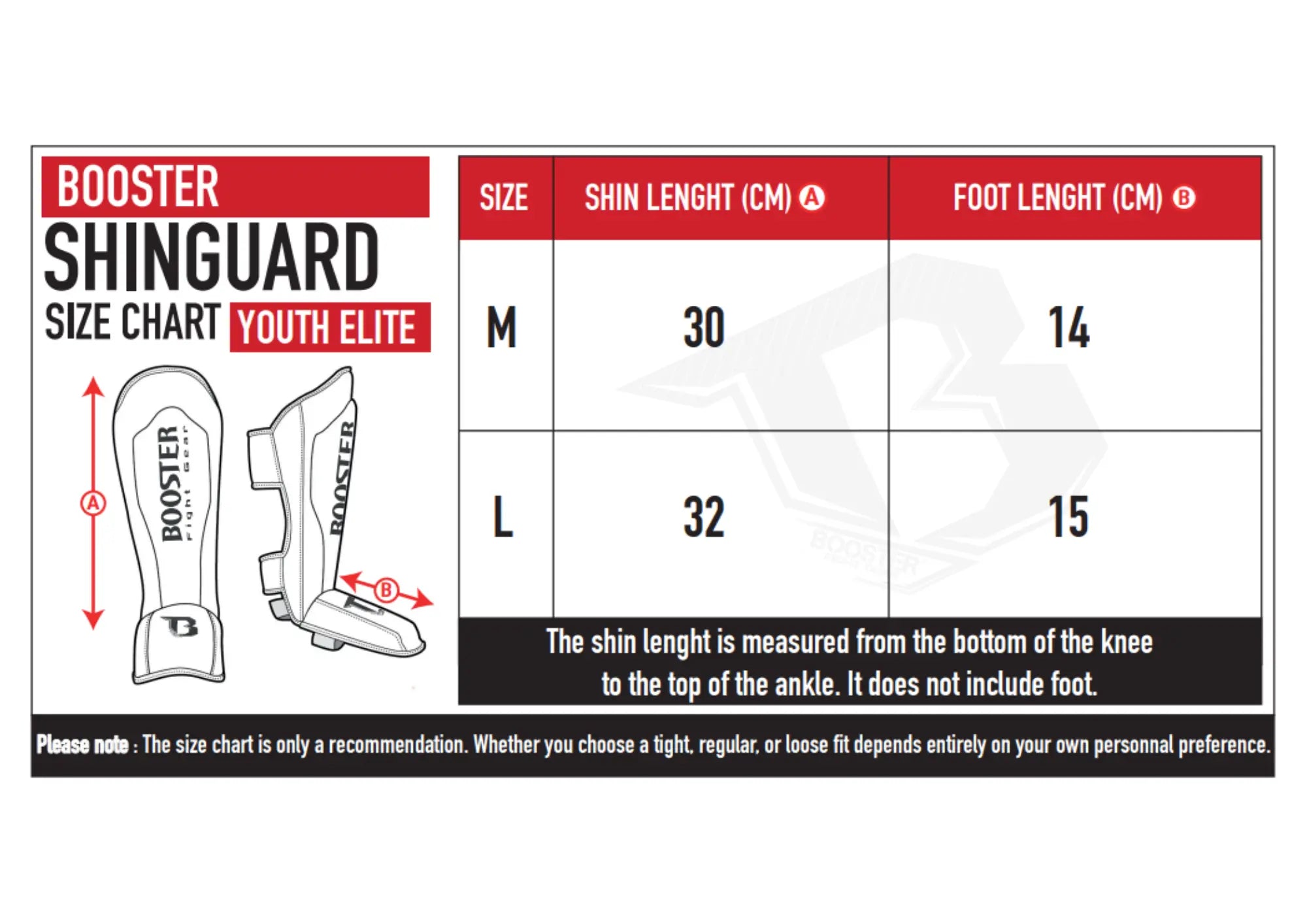 Booster Youth Elite scheenbeschermer maattabel met maten M en L.