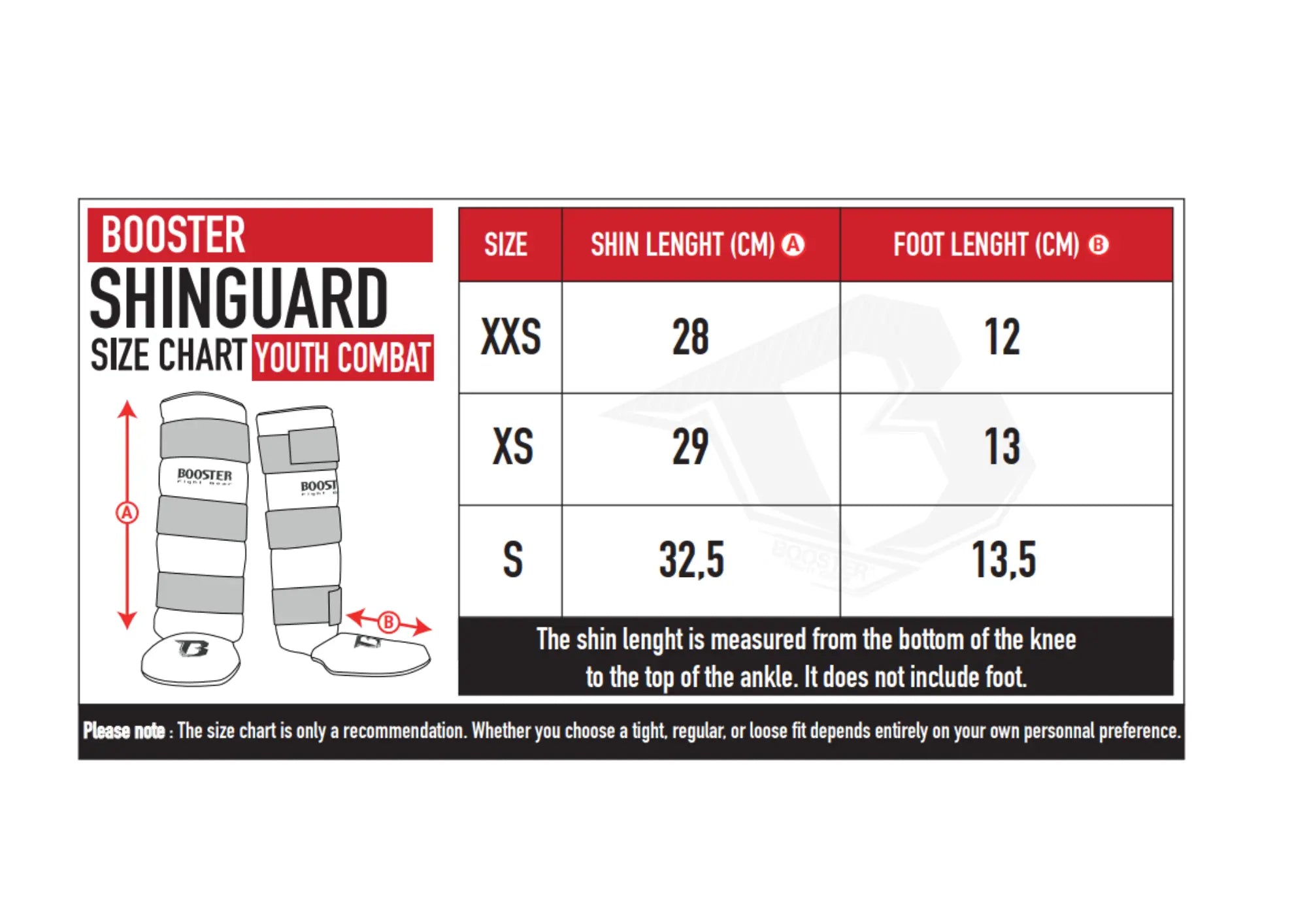 Booster Youth Combat scheenbeschermer maattabel met maten XXS, XS en S.