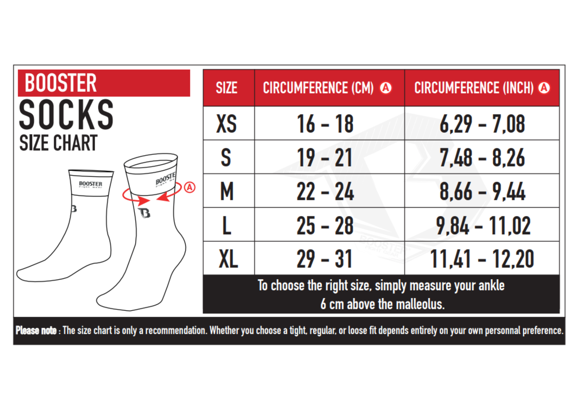 Booster sokken maattabel met enkelomtrek voor maten XS tot XL.