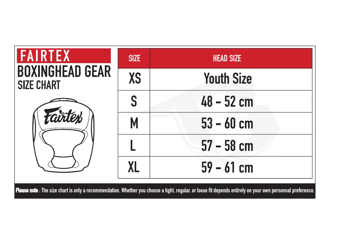 Maattabel Fairtex Boxing Headgear met overzicht van maten XS tot XL. De tabel toont de aanbevolen hoofdomtrek in centimeters per maat, inclusief jeugdmaat. Helpt bij het kiezen van de juiste Fairtex hoofdbeschermer voor een veilige en comfortabele pasvorm tijdens bokstraining.