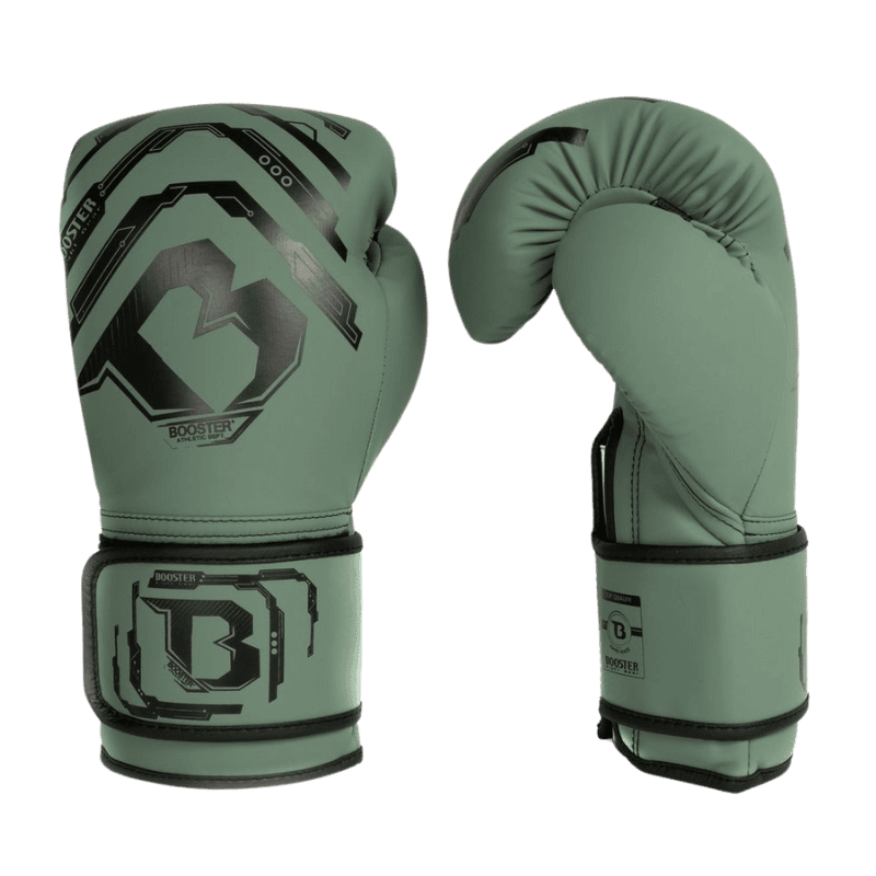 Groene Booster Youth V2 bokshandschoenen, voor- en zijaanzicht, waarin beide handschoenen zichtbaar zijn, inclusief het prominente B-logo in zwart op de voorkant.