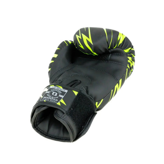 Booster bokshandschoen zwart met neon-groene bliksem, handpalmzijde met ventilatiegaten en open klittenbandsluiting