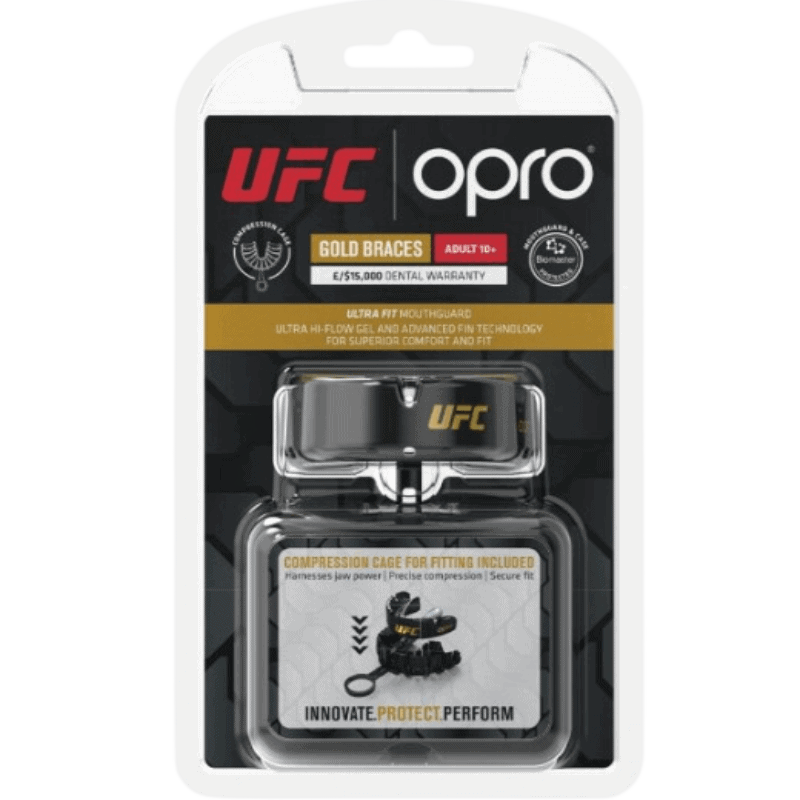 Verpakking van een Opro UFC gouden mondbeschermer voor beugeldragers, met technologische eigenschappen en inclusief een compressiehulpmiddel voor het aanpassen.