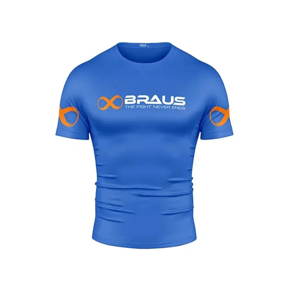 Blauw Braus rashguard T-shirt met korte mouwen en oranje logo, ontworpen voor comfort en performance tijdens bokstraining.
