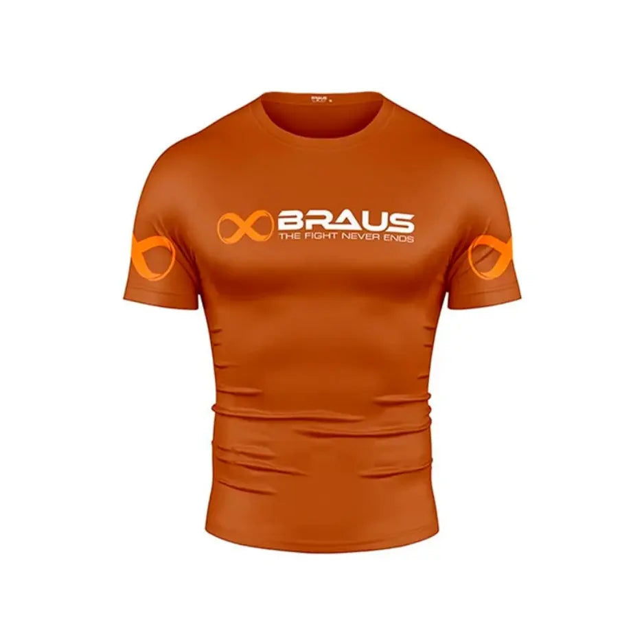 Bruine Braus rashguard T-shirt met korte mouwen en oranje logo, ontworpen voor comfort en prestaties tijdens bokstraining.