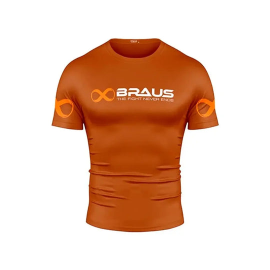 Bruine Braus rashguard T-shirt met korte mouwen en oranje logo, ontworpen voor comfort en prestaties tijdens bokstraining.