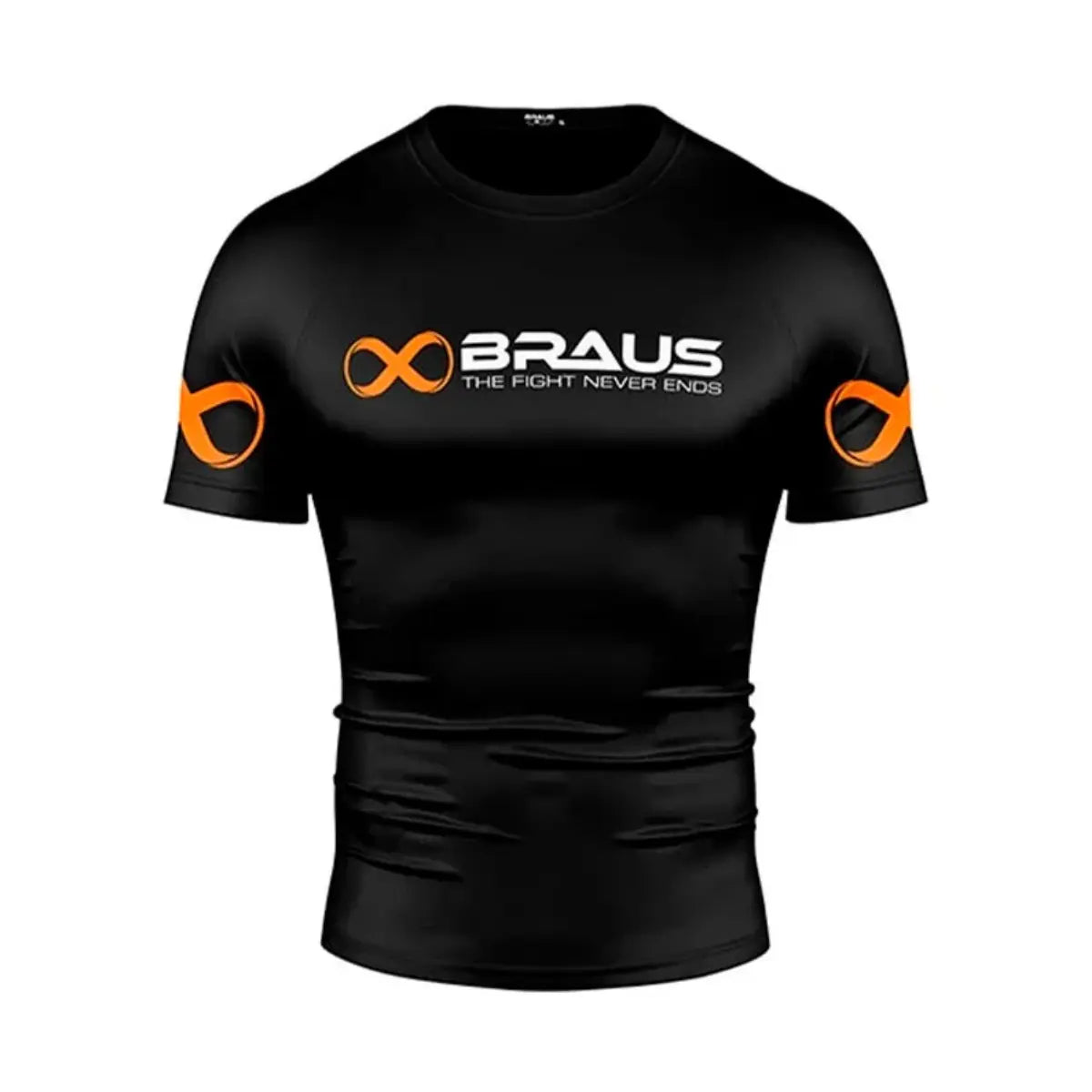 Zwarte Braus rashguard met korte mouwen, wit logo op de borst en oranje infinity-accenten op beide mouwen.