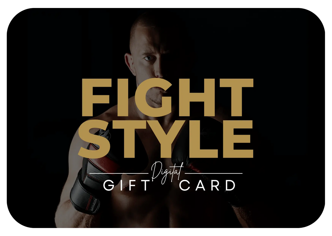 Fightstyle digitale cadeaukaart met bokser op donkere achtergrond en tekst “Fight Style Digital Gift Card”.