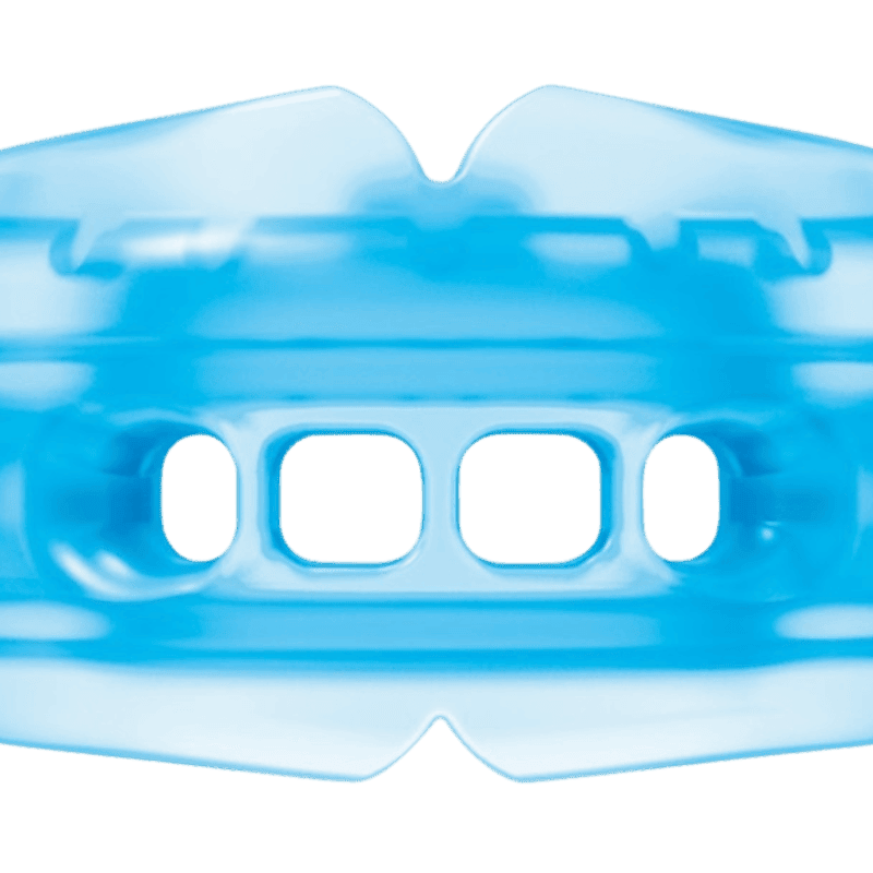 Transparante blauwe Shock Doctor dubbele beugelbeschermer, gemaakt van medische silicone.