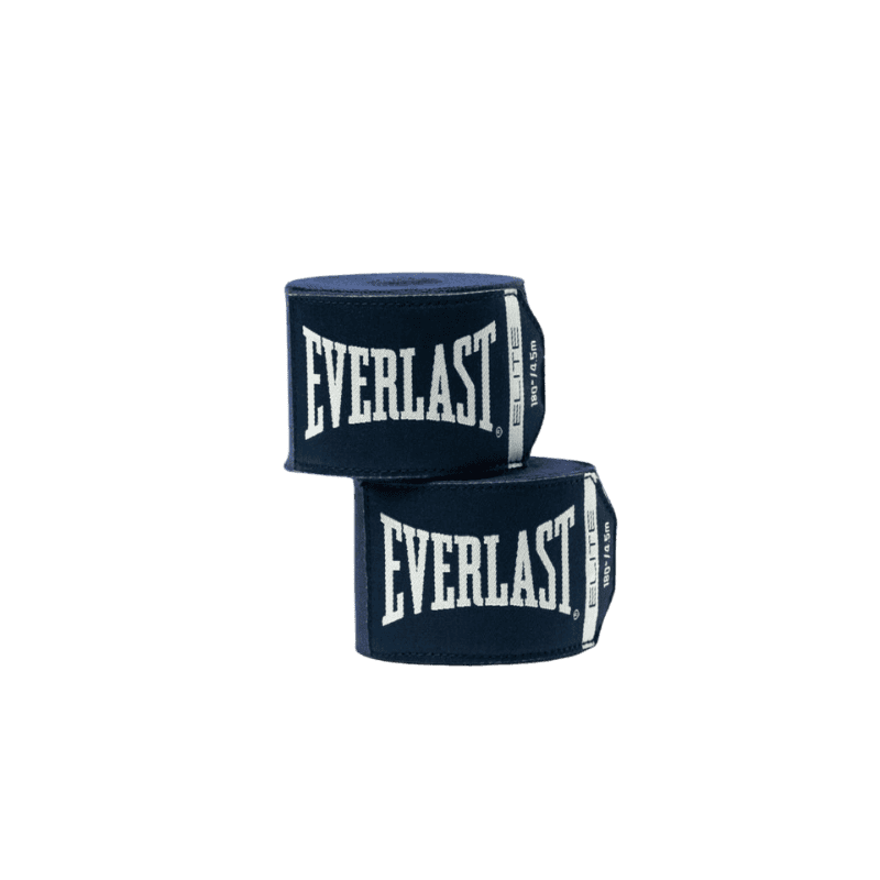 Twee opgerolde blauwe Everlast Elite bandages met wit logo aan de buitenkant, gestapeld boven op elkaar.