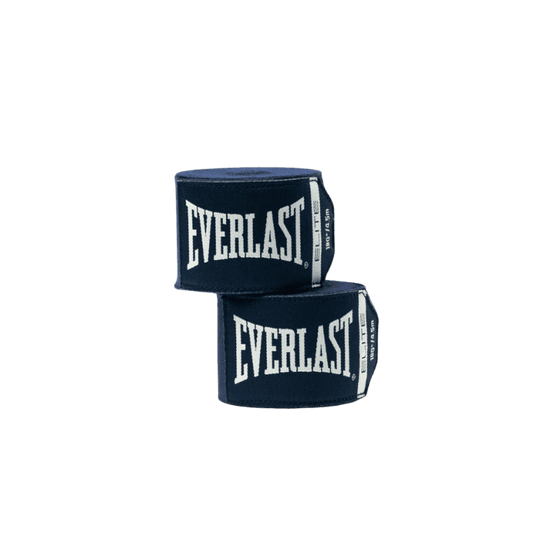 Twee opgerolde blauwe Everlast Elite bandages met wit logo aan de buitenkant, gestapeld boven op elkaar.