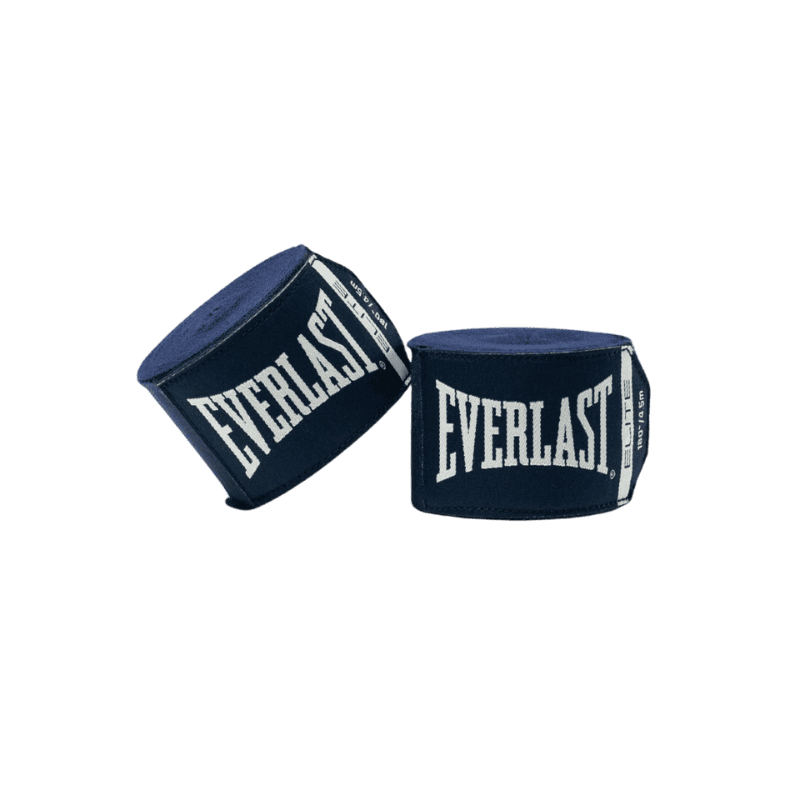 Twee opgerolde blauwe Everlast Elite bandages met wit Everlast-logo, schuin naast elkaar geplaatst.