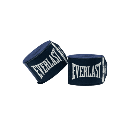 Twee opgerolde blauwe Everlast Elite bandages met wit Everlast-logo, schuin naast elkaar geplaatst.