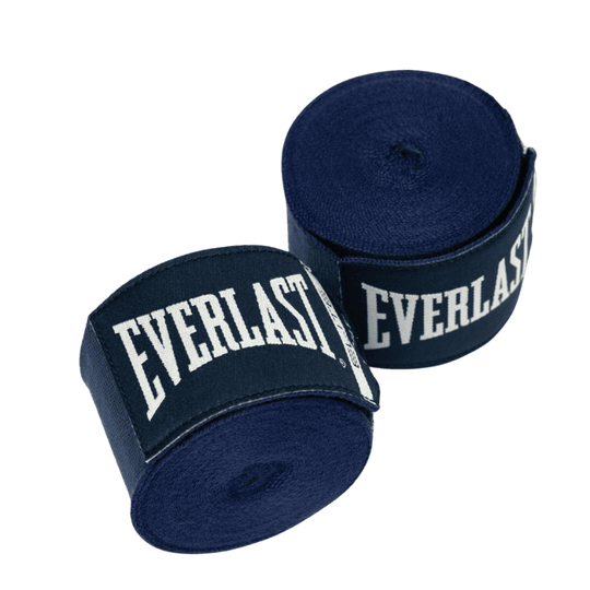 Twee opgerolde blauwe Everlast Elite bandages met prominent wit Everlast-logo aan de buitenkant, naast elkaar geplaatst.